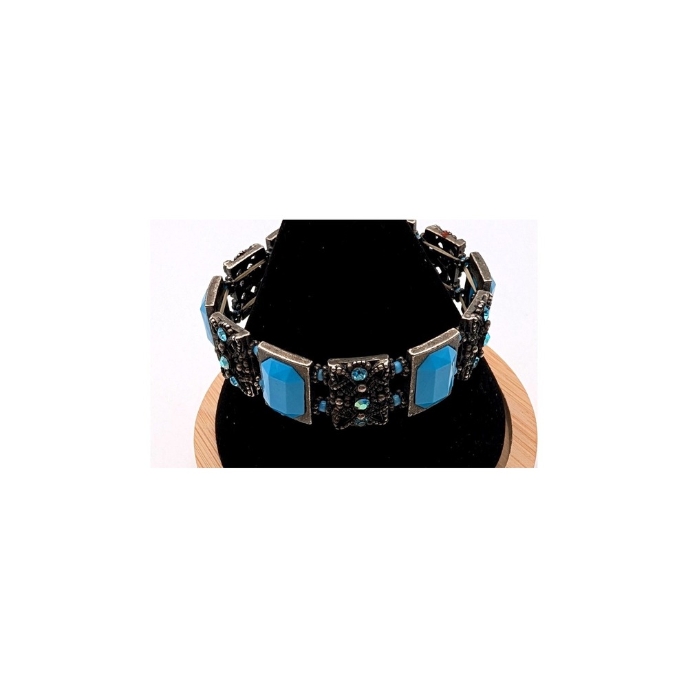 Vintage Style Turquoise Blue Rhinestone Stretch Panel Bracelet Antique Silver